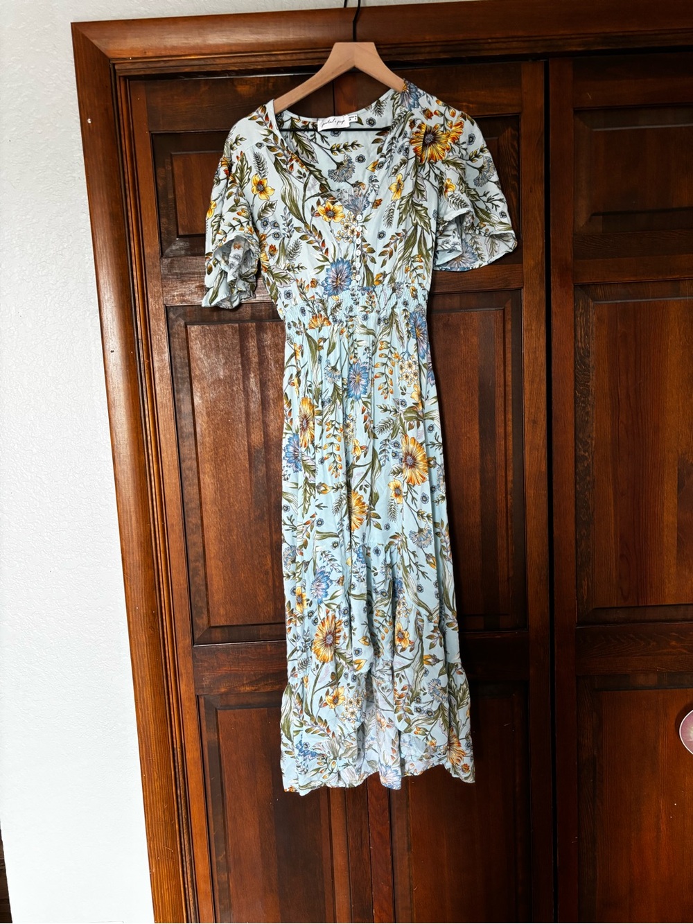 Petal & Pup Light Blue Floral Maxi Dress with Yellow Blossoms